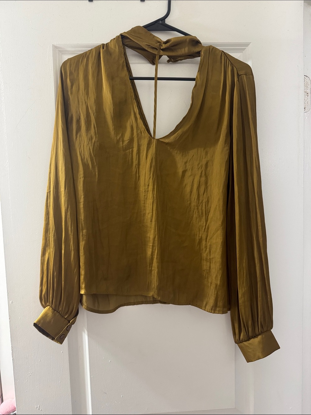 Women's Satin Long-Sleeve V-Neck Blouse - Olive